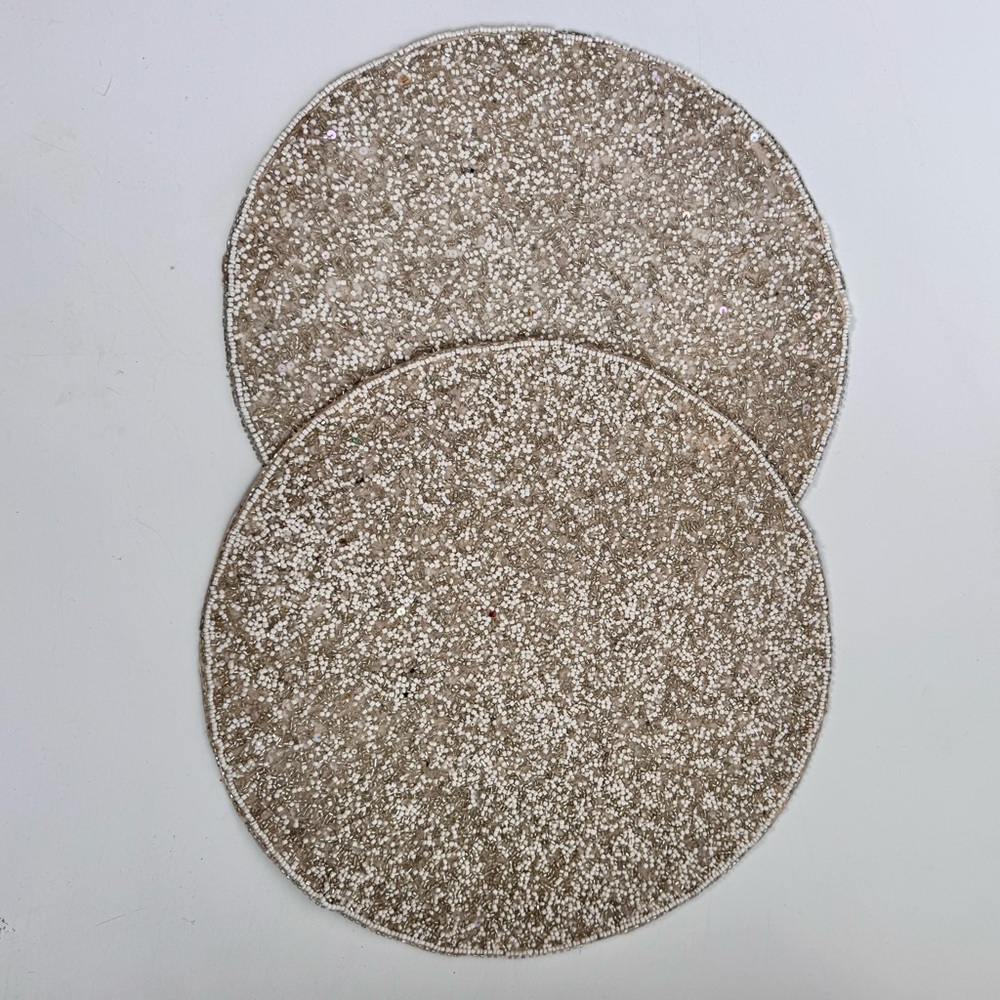 Set of 2 cupcakes & cashmere Round Beaded Placemats Chargers Silver and White